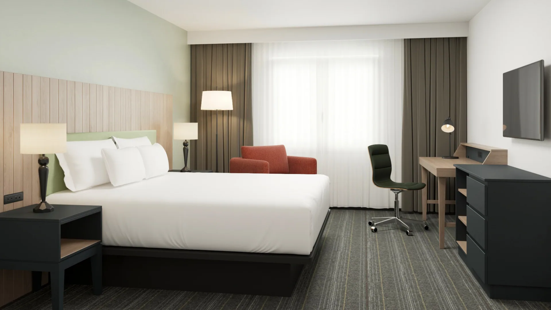 Hotel guestroom lit with Nerval lighting fixtures